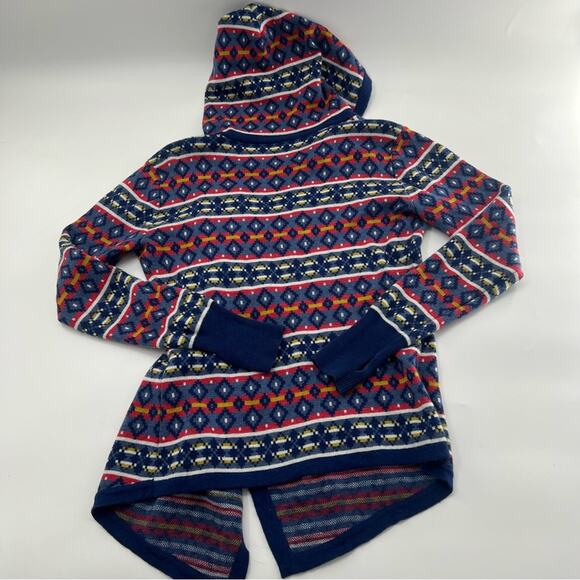 Betabrand Fair Isle Merino Wool Blend Mission Wrap Hooded Cardigan Blue Red - Picture 5 of 5